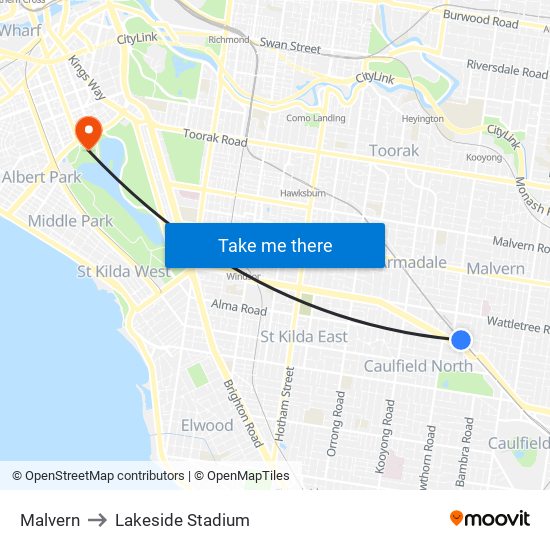Malvern to Lakeside Stadium map