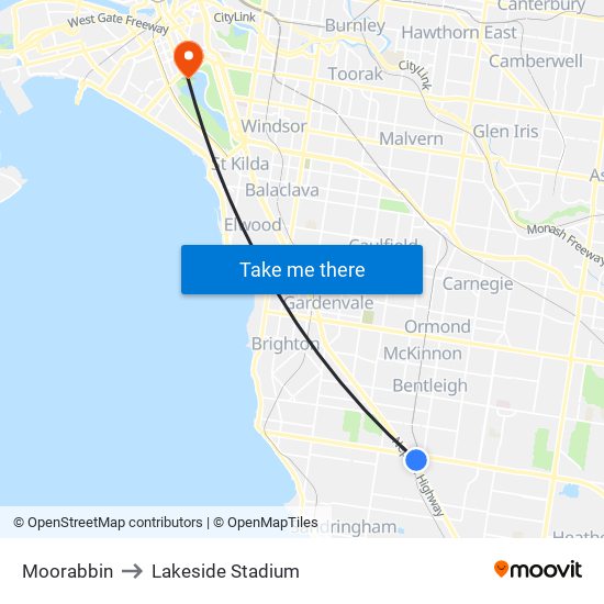 Moorabbin to Lakeside Stadium map