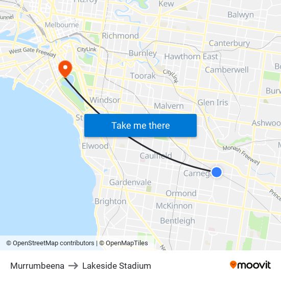 Murrumbeena to Lakeside Stadium map