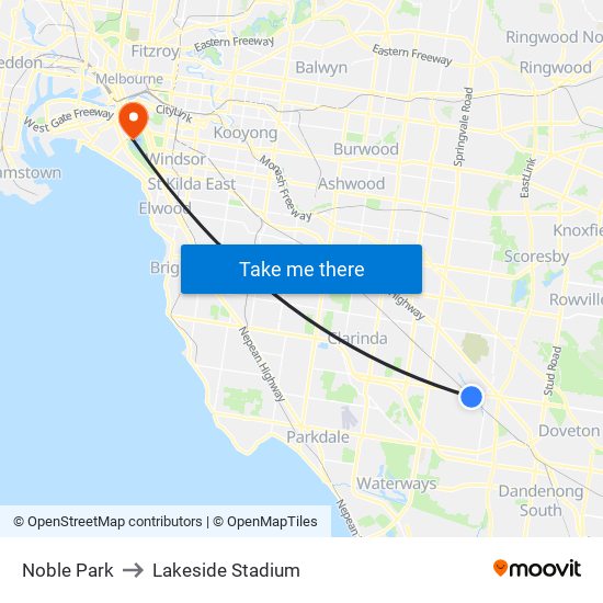 Noble Park to Lakeside Stadium map