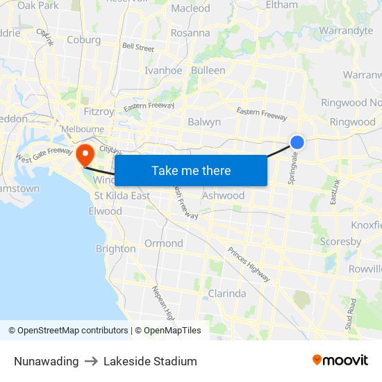 Nunawading to Lakeside Stadium map