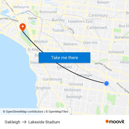 Oakleigh to Lakeside Stadium map