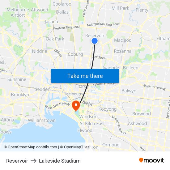 Reservoir to Lakeside Stadium map