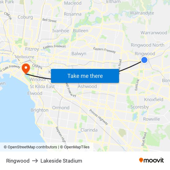 Ringwood to Lakeside Stadium map