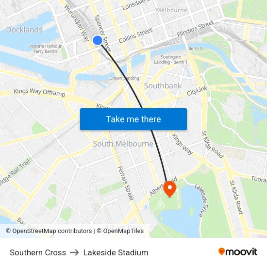 Southern Cross to Lakeside Stadium map