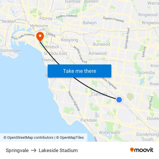 Springvale to Lakeside Stadium map