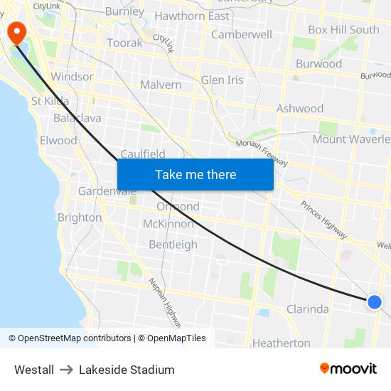 Westall to Lakeside Stadium map