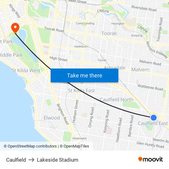 Caulfield to Lakeside Stadium map