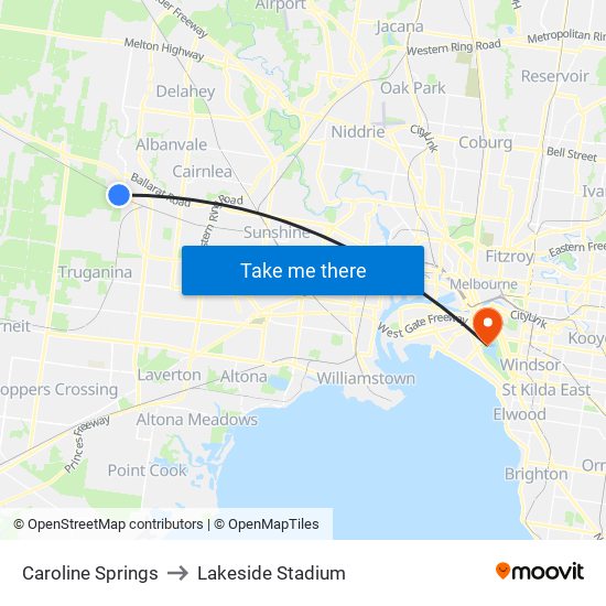 Caroline Springs to Lakeside Stadium map