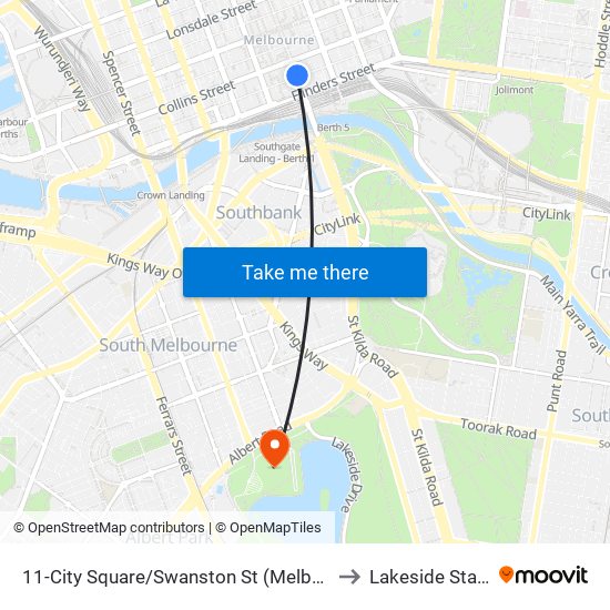 11-City Square/Swanston St (Melbourne City) to Lakeside Stadium map