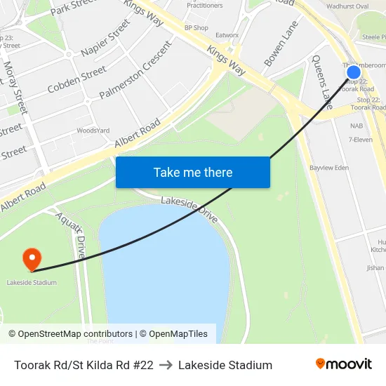 Toorak Rd/St Kilda Rd #22 to Lakeside Stadium map