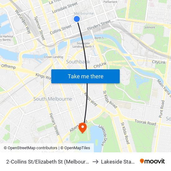 2-Collins St/Elizabeth St (Melbourne City) to Lakeside Stadium map