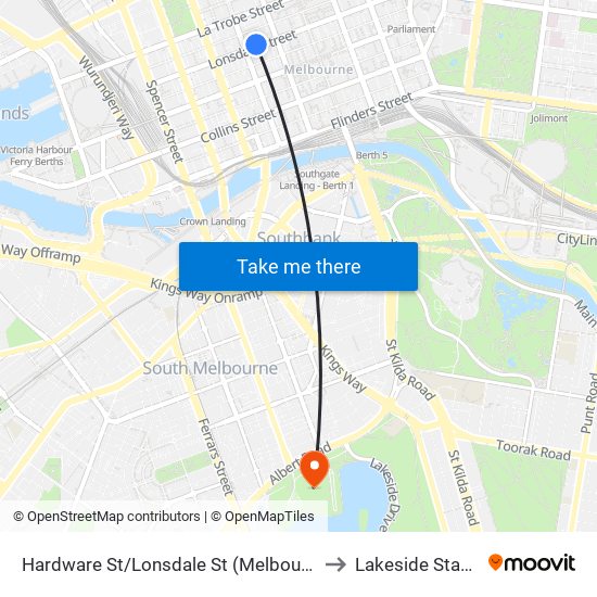 Hardware St/Lonsdale St (Melbourne City) to Lakeside Stadium map