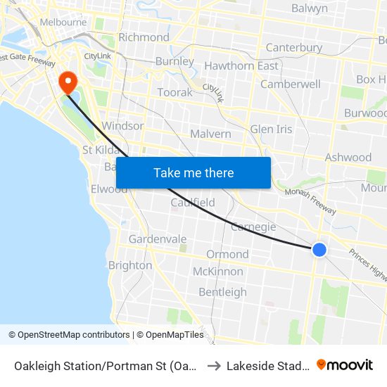 Oakleigh Station/Portman St (Oakleigh) to Lakeside Stadium map