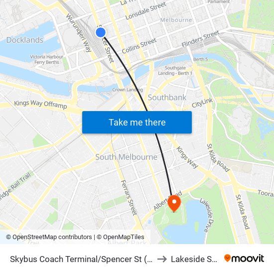 Skybus Coach Terminal/Spencer St (Melbourne City) to Lakeside Stadium map