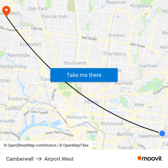 Camberwell to Airport West map