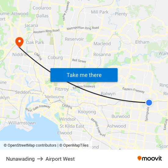 Nunawading to Airport West map