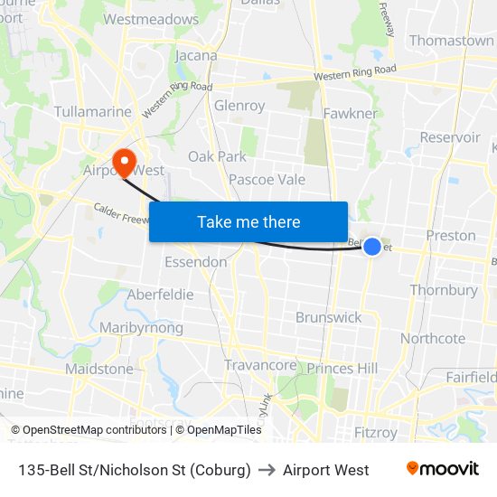 135-Bell St/Nicholson St (Coburg) to Airport West map