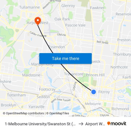 1-Melbourne University/Swanston St (Carlton) to Airport West map