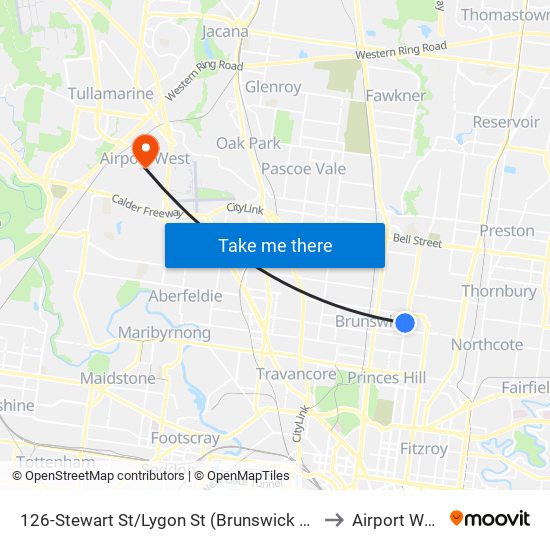 126-Stewart St/Lygon St (Brunswick East) to Airport West map