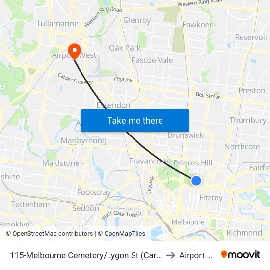 Melbourne Cemetery/Lygon St #115 to Airport West map