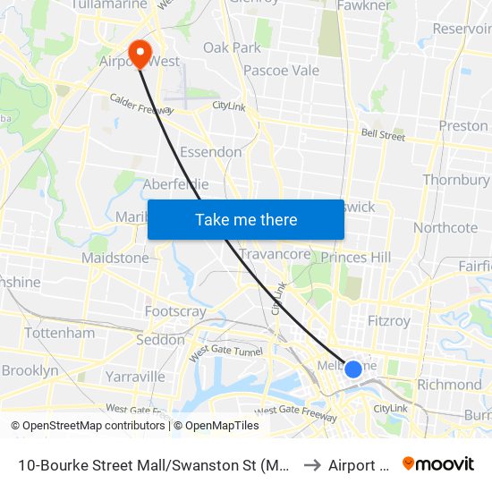 10-Bourke Street Mall/Swanston St (Melbourne City) to Airport West map