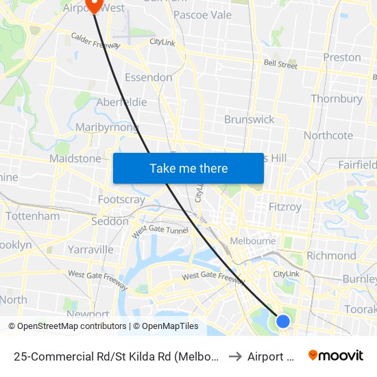 25-Commercial Rd/St Kilda Rd (Melbourne City) to Airport West map