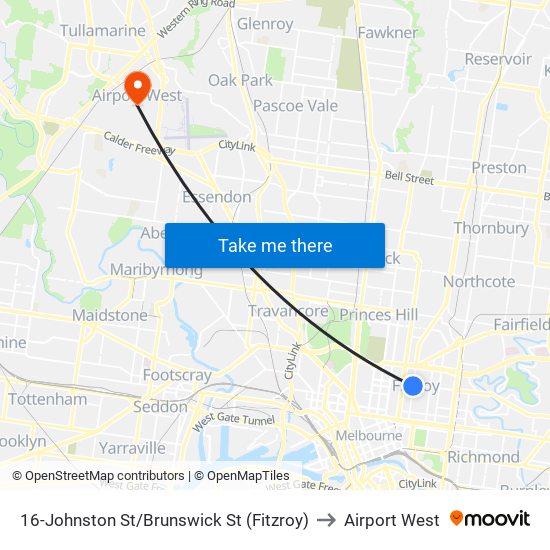 16-Johnston St/Brunswick St (Fitzroy) to Airport West map