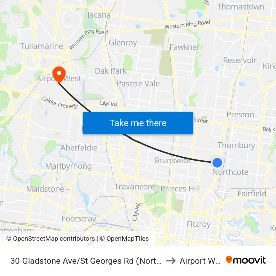 Gladstone Ave/St Georges Rd #30 to Airport West map