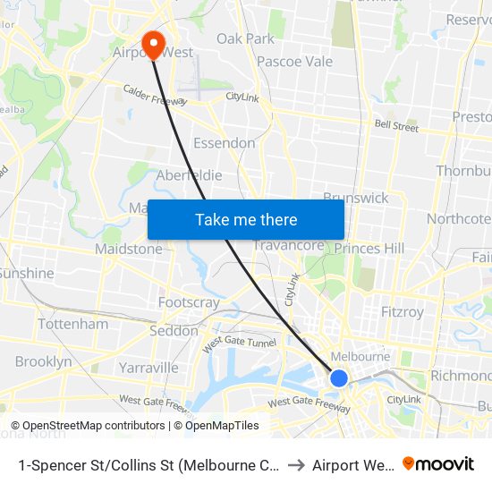 1-Spencer St/Collins St (Melbourne City) to Airport West map