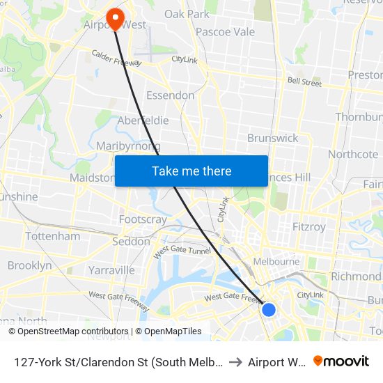 127-York St/Clarendon St (South Melbourne) to Airport West map