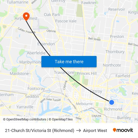 21-Church St/Victoria St (Richmond) to Airport West map