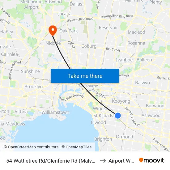 Wattletree Rd/Glenferrie Rd #54 to Airport West map