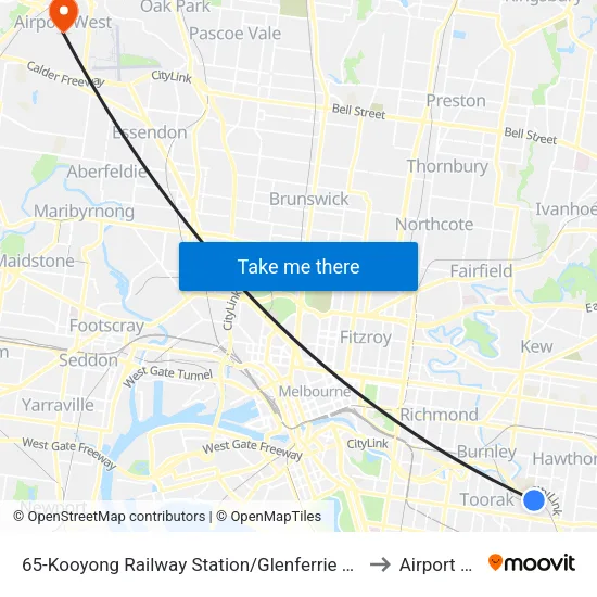 Kooyong Railway Station/Glenferrie Rd #65 to Airport West map