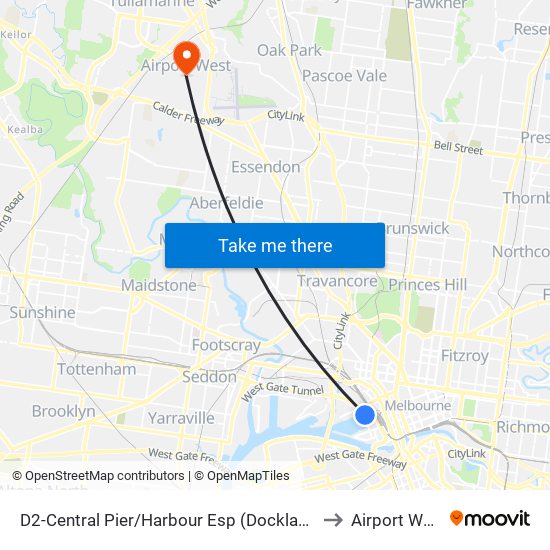 D2-Central Pier/Harbour Esp (Docklands) to Airport West map