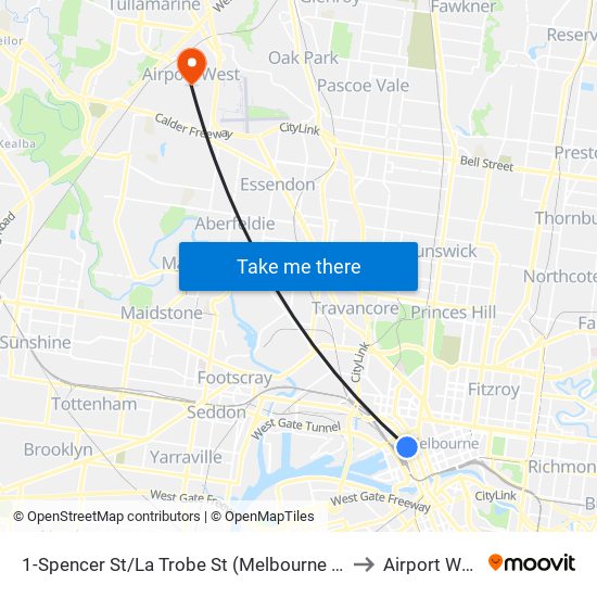 1-Spencer St/La Trobe St (Melbourne City) to Airport West map