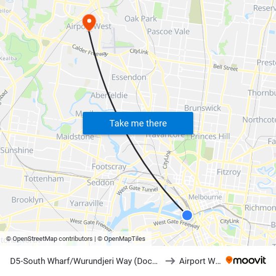 D5-South Wharf/Wurundjeri Way (Docklands) to Airport West map