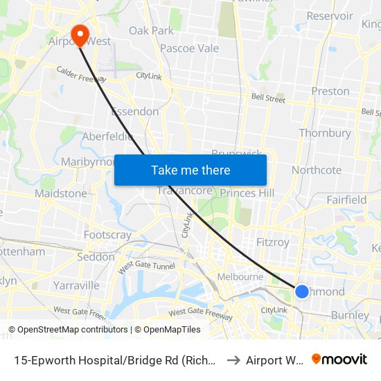 15-Epworth Hospital/Bridge Rd (Richmond) to Airport West map