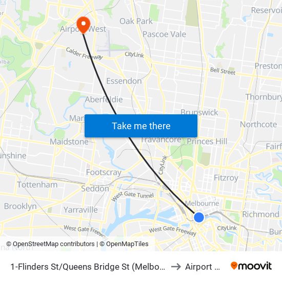 1-Flinders St/Queens Bridge St (Melbourne City) to Airport West map