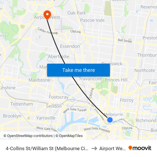 4-Collins St/William St (Melbourne City) to Airport West map