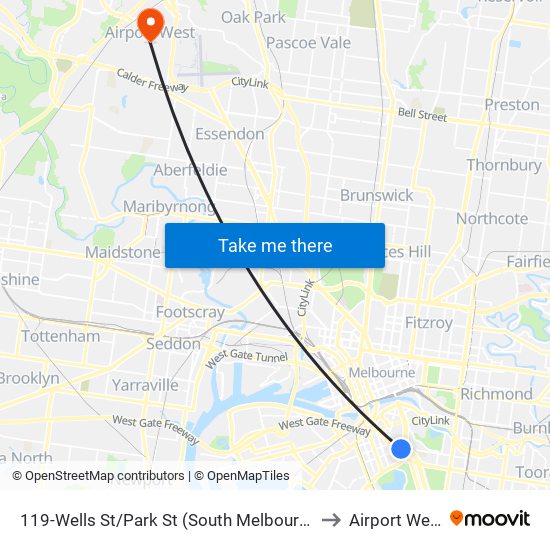 119-Wells St/Park St (South Melbourne) to Airport West map