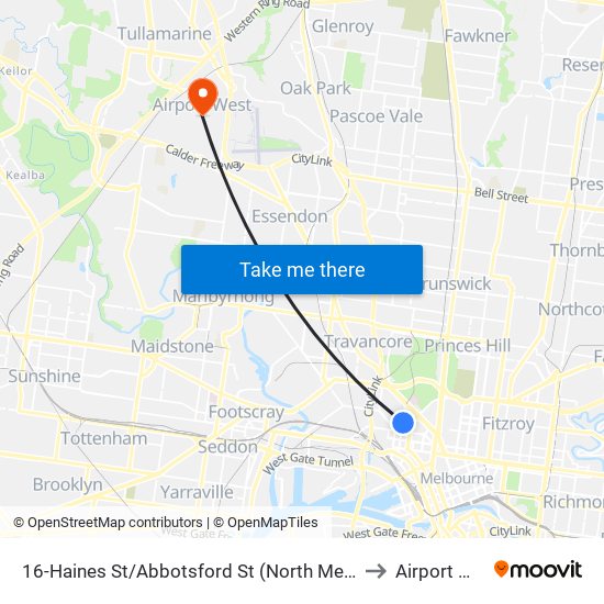 16-Haines St/Abbotsford St (North Melbourne) to Airport West map