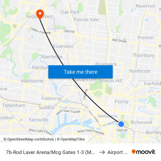 7b-Rod Laver Arena/Mcg Gates 1-3 (Melbourne City) to Airport West map