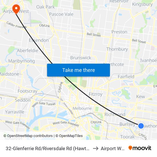 32-Glenferrie Rd/Riversdale Rd (Hawthorn) to Airport West map