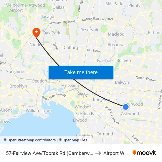 Fairview Ave/Toorak Rd #57 to Airport West map