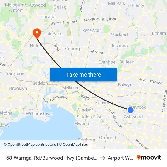 58-Warrigal Rd/Burwood Hwy (Camberwell) to Airport West map