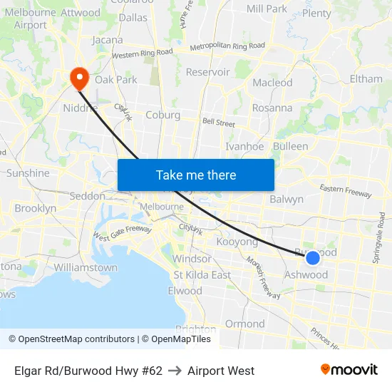 Elgar Rd/Burwood Hwy #62 to Airport West map