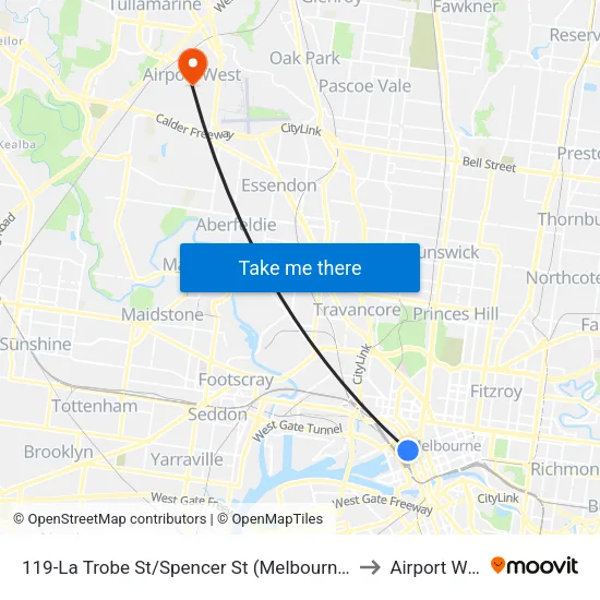 La Trobe St/Spencer St #119 to Airport West map