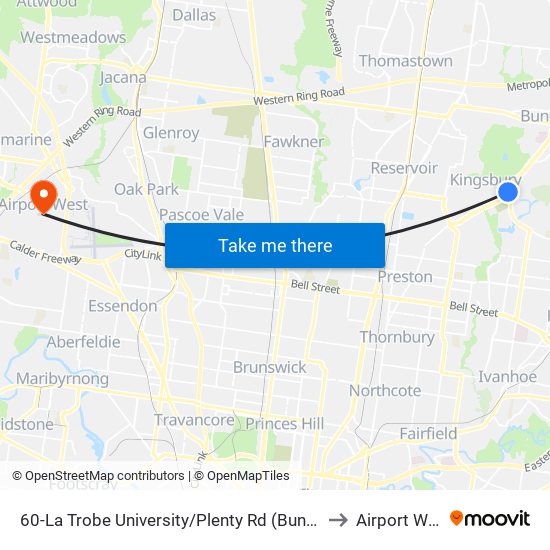 60-La Trobe University/Plenty Rd (Bundoora) to Airport West map