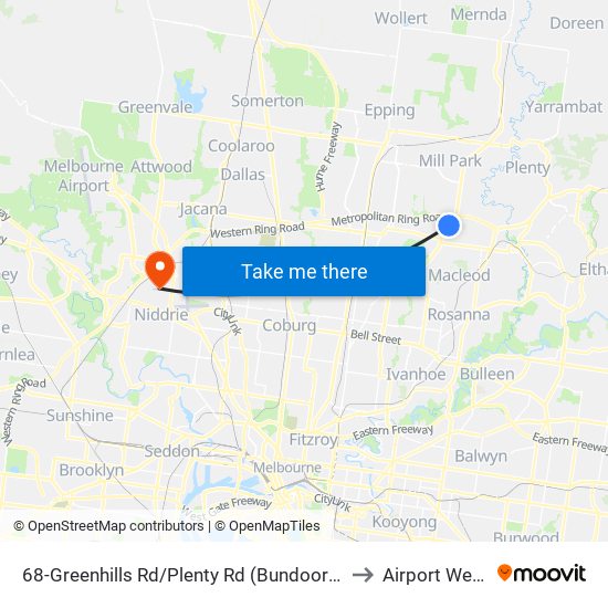 68-Greenhills Rd/Plenty Rd (Bundoora) to Airport West map